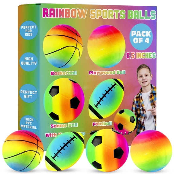 Rykon Rainbow Sports Balls for Kids, 8.5-Inch Neon Ball Set, Pack of 4, Includes Football, Soccer, Basketball & Playground Balls, Inflatable Indoor & Outdoor Fun Toys, Birthday Gift