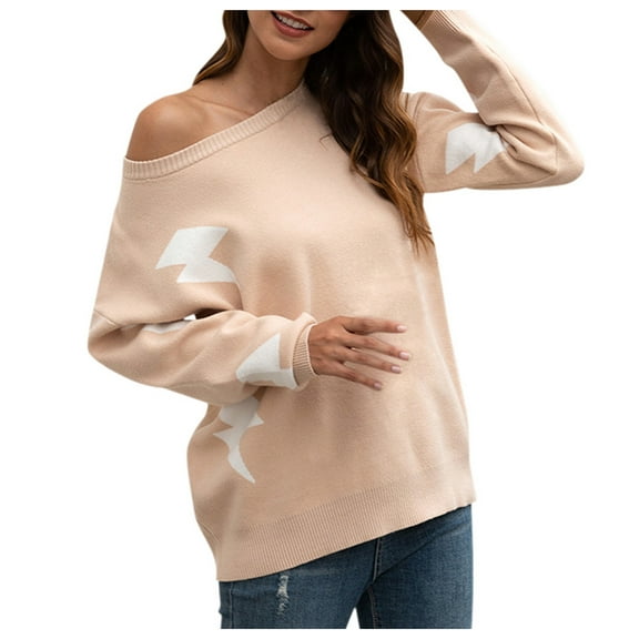 Herrnalise Women's Knitted Crop Tops Women Star Print Off-Shoulder Round Neck Sweater Pullover Jumper Sweaters