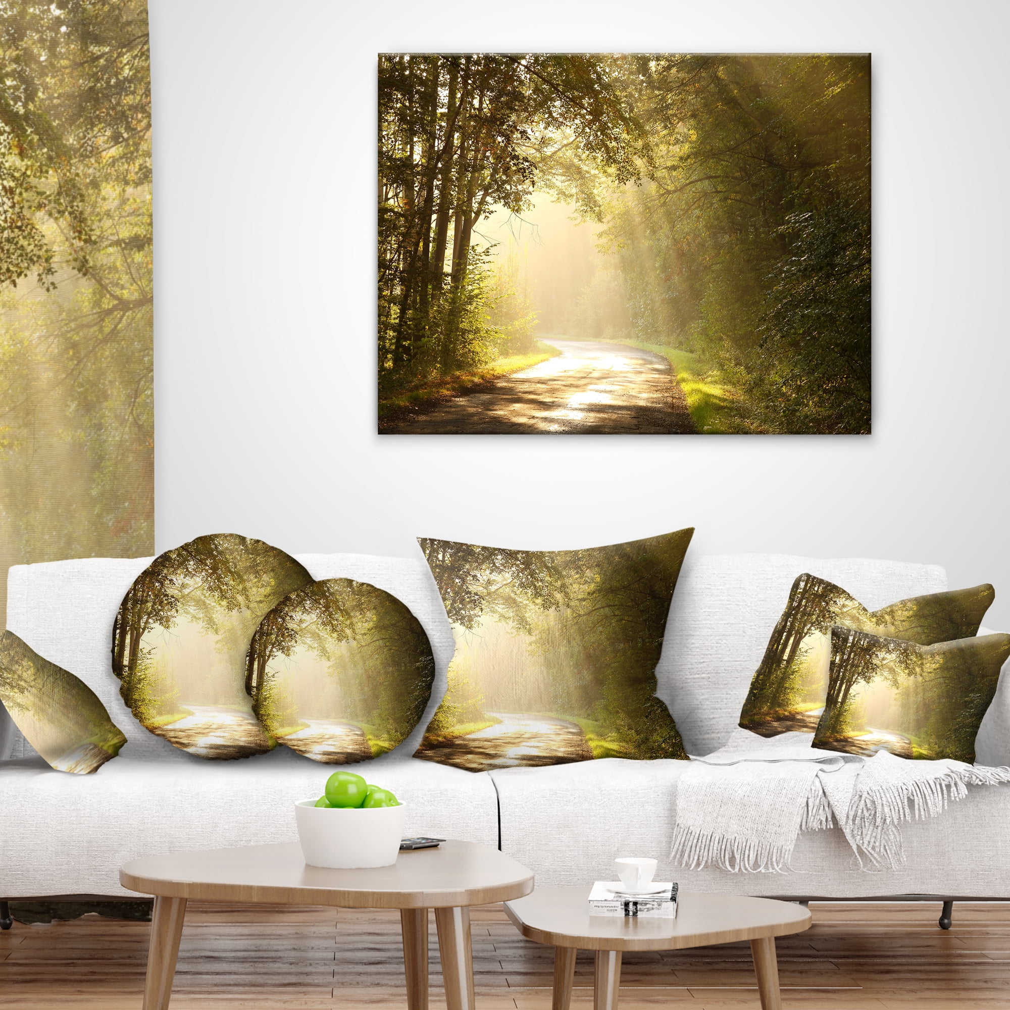 Designart Bright Sunlight in Fall Forest - Landscape Photo Throw Pillow - 12x20