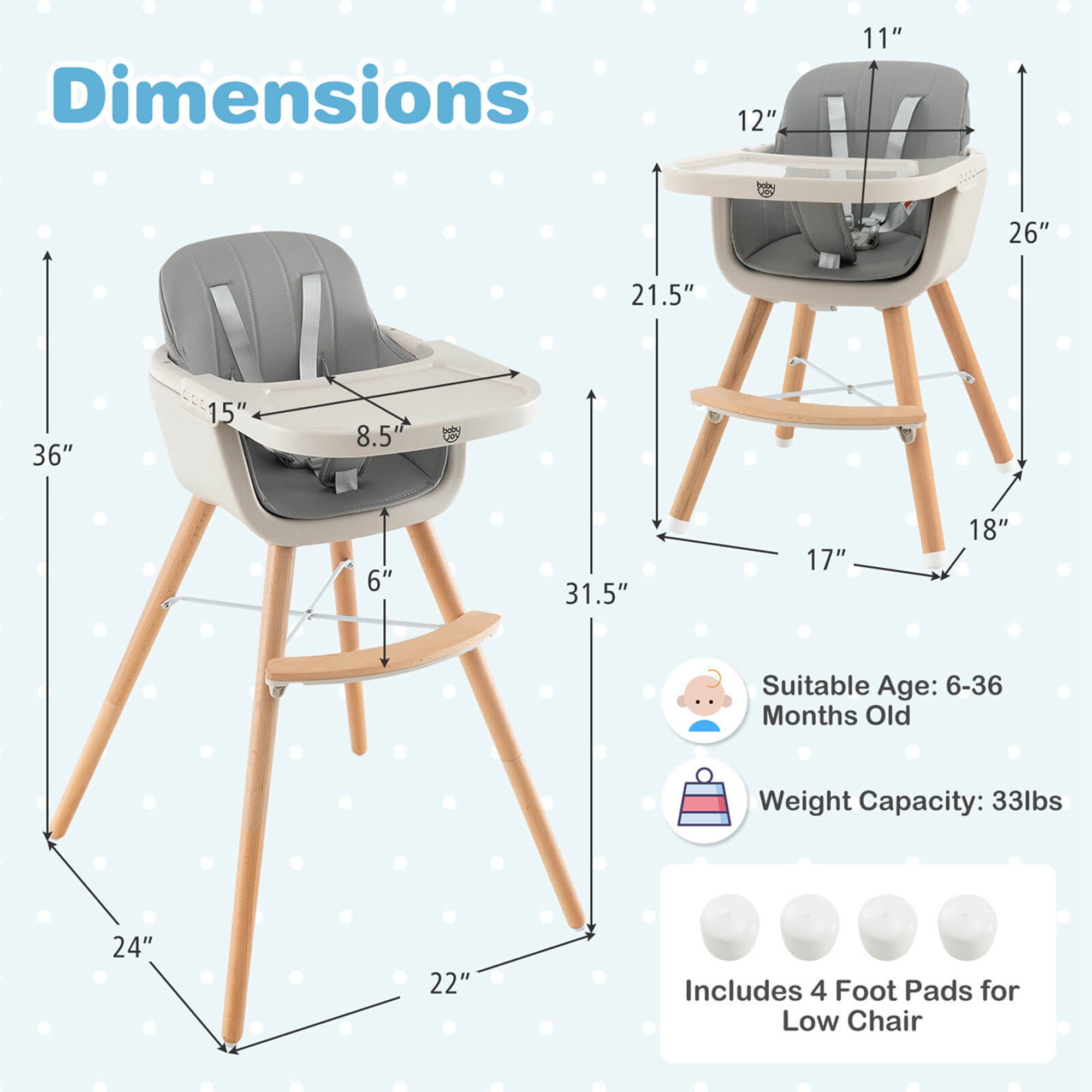 Babyjoy 3 in 1 Convertible Wooden High Chair Toddler Feeding Chair with Cushion Gray