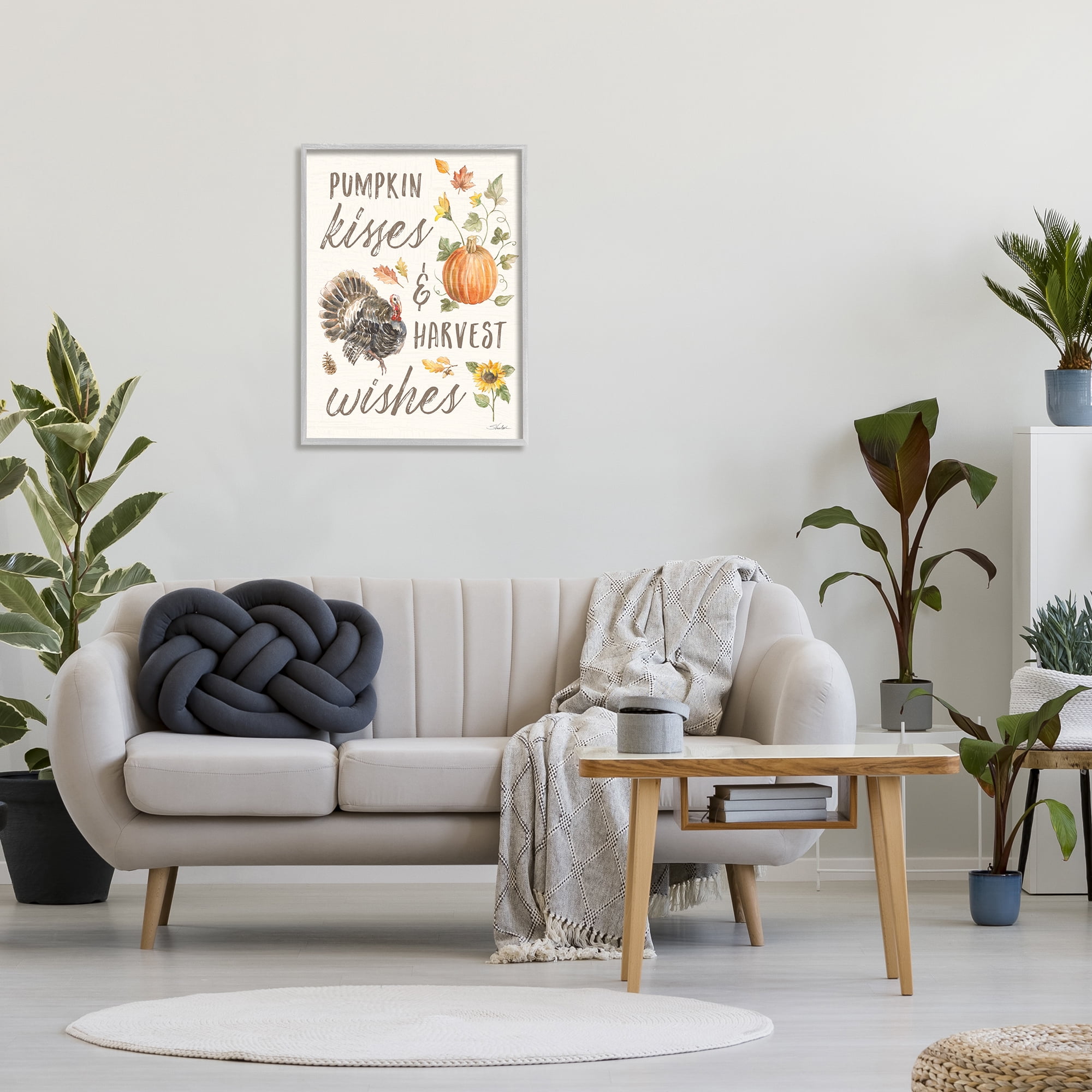 Stupell Industries Pumpkin Kisses Harvest Wishes Phrase Wild Turkey Animals & Insects Painting Gray Framed Art Print Wall Art, 24 x 30