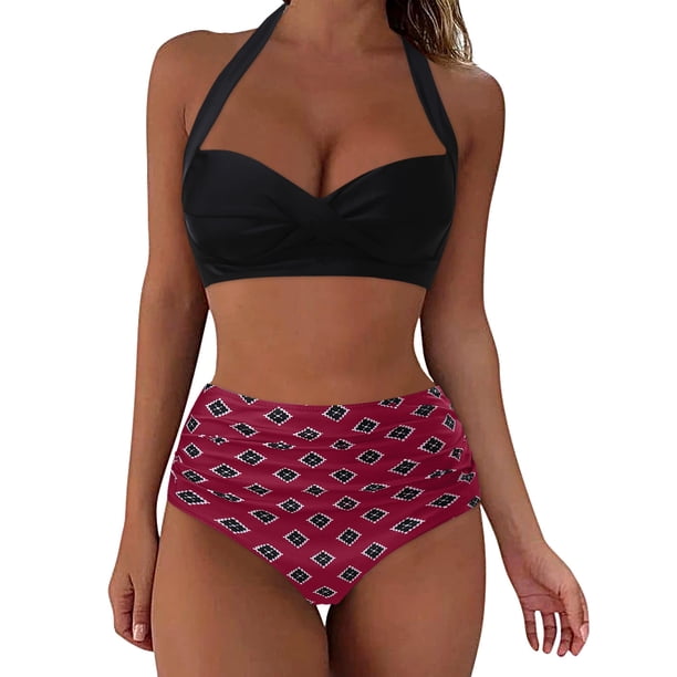 MKLEKYY Bikini Mujer Traje De Baño Women High Waisted Bikini Sexy Push Up Two Piece Swimsuits Vintage Swimsuit Two Piece Retro Ruched High Waist Print Bikini Set 1017