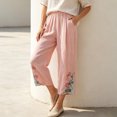 thumbnail image 4 of Utoimkio Women's Cropped Pants Linen Elastic Waist Floral Embroidery Capri Trousers with Side Pockets for Summer Beach Daily Walk, 4 of 9