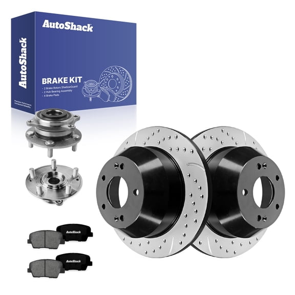 AutoShack Rear Solid Drilled & Slotted E-Coated Brake Rotors   Premium Ceramic Pads   Hub Bearing Assembly 8-PC Brake Kit Replacement for 2011-2015 Kia Sorento ShadowGuard 11.89" (302 mm)