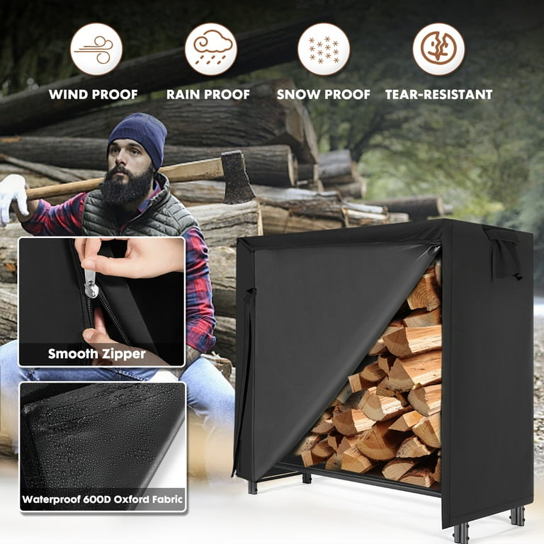 Indoor Outdoor Firewood Organizer 4 Ft Heavy Duty Metal Rack with Waterproof Cover Tote Bag Black Walmart