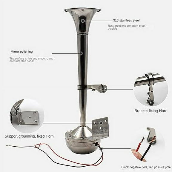 Marine Boat Pontoon Horn，12V 24V 125dB Stainless Steel Waterproof Single Trumpet Air Horn Complete Set Speakers For Ship Truck RV Trailer, Low Tone (24V)
