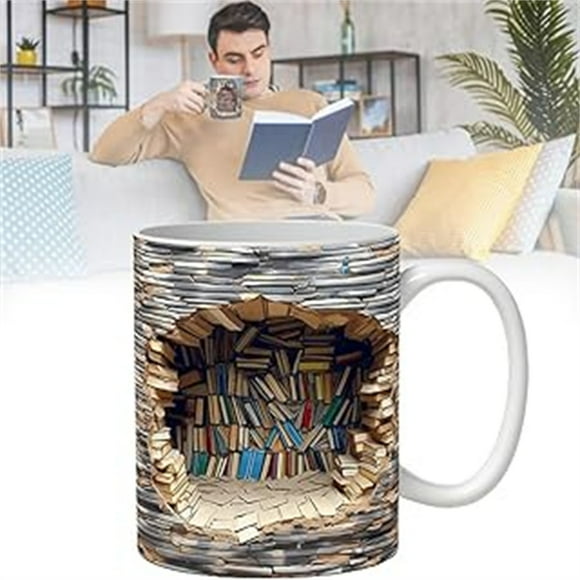 Wozhilaka Travel Mug 3D Bookshelf Mug 3D Effect Books Mugs Cool Birthday Christmas Gifts for Him Her White Ceramic Mug 11Oz Coffee Mug Set Gifts for Women Men for Office Table Decor