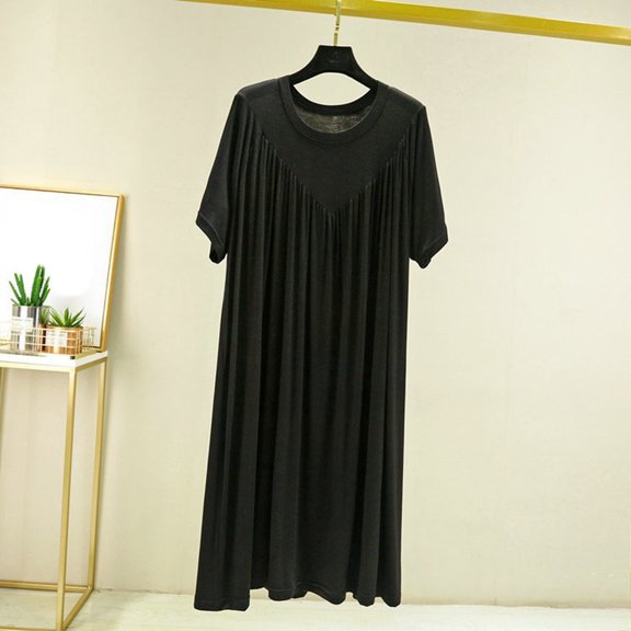 SHITINN Women's Pleated Plain Crew Neck Negligee Short Sleeves Soft Home Suit Casual Midi Dresses Bathrobe Ladies Sleepwear Nightgowns plus Size Pizza Shirt Short Sleeve Night Shirt Women