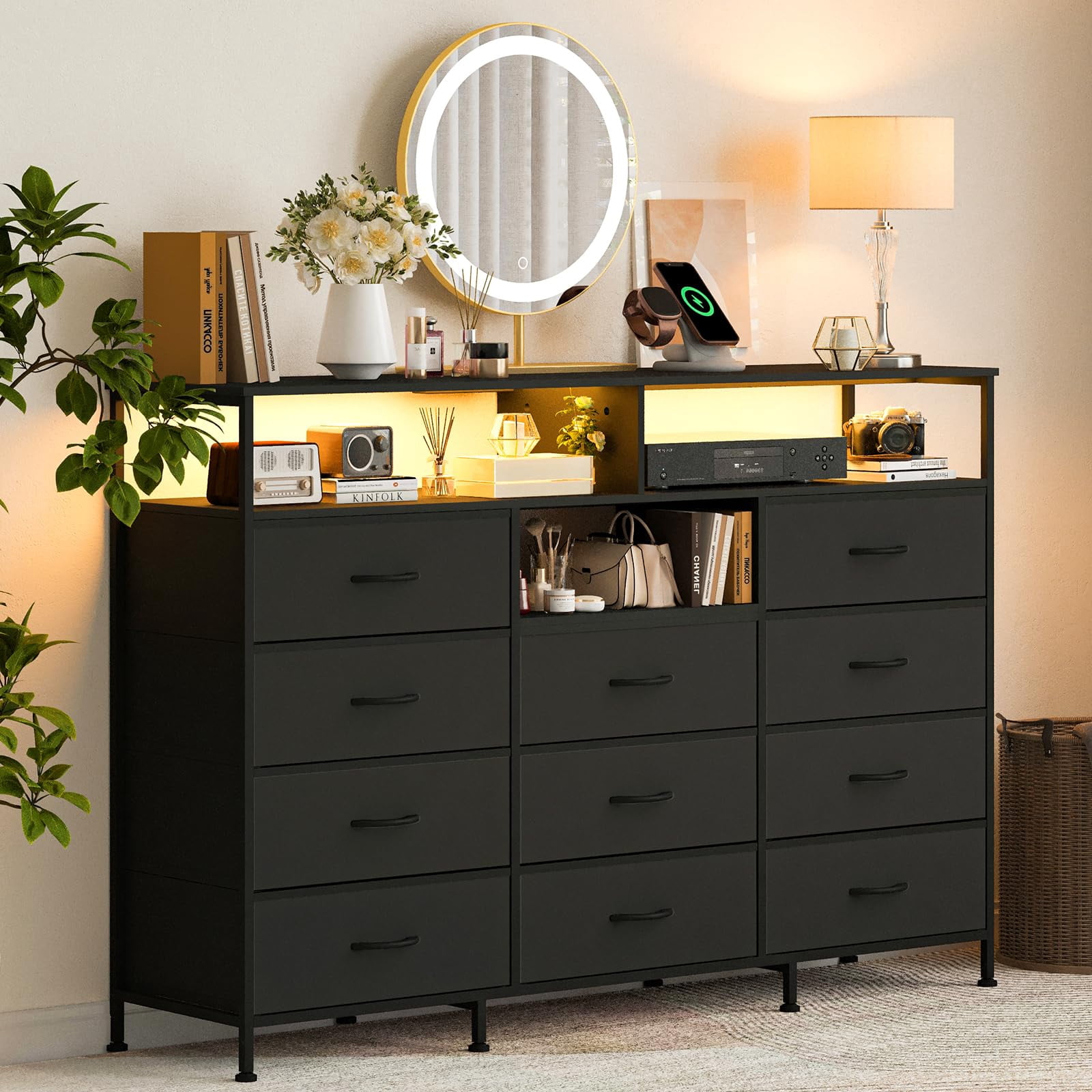 Kicctian 11 Drawers Dresser for Bedroom with LED Lights & Charging Station,Dresesr Chests of Drawers with Open Shelves,Black