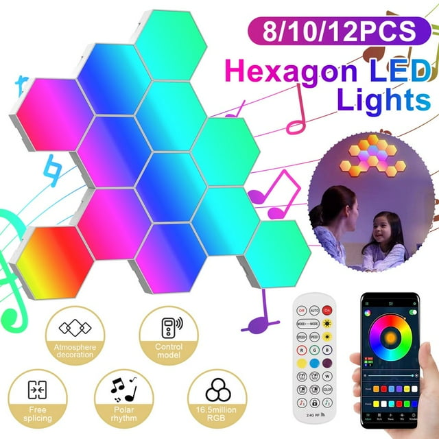 10 Pcs Hexagon LED Lights Modular DIY Hexagon Wall Light APP and Remote Control Smart RGB Gaming Light Music Sync Hexagon LED Panel USB LED Wall Lights for Gaming Setup Bedroom Living Roo