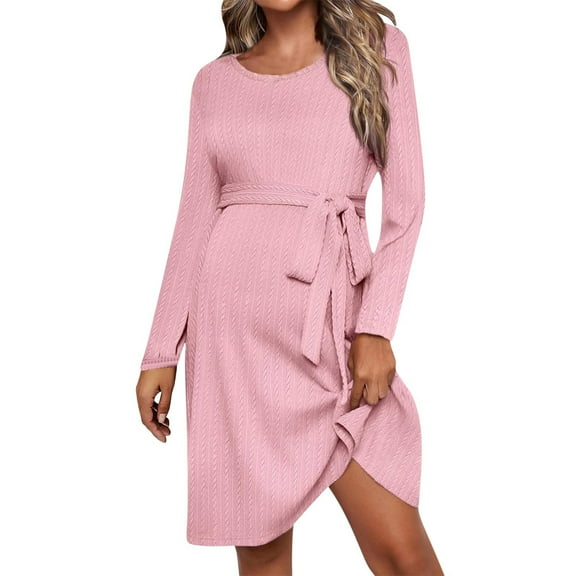 Fesfesfes Maternity Belted Dress Round Neck Long Sleeve Solid Color Adjustable Waist Skirt Flattering Pregnancy Dress for Women(Pink,XL)