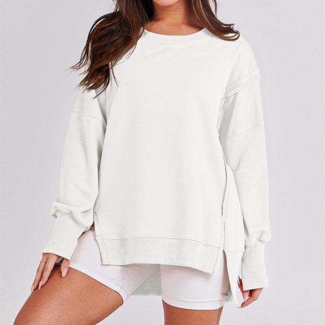 Top de manga larga para mujer ropa holgada con cuello redondo ropa de otoño traje de calle con abertura lateral