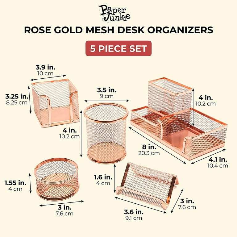 Rose Gold Desk Organizer Set for Home Office Supplies and Accessories,  Includes Mesh Wire Pen, Pencil, Business Card, Note, and Paper Clip Holders