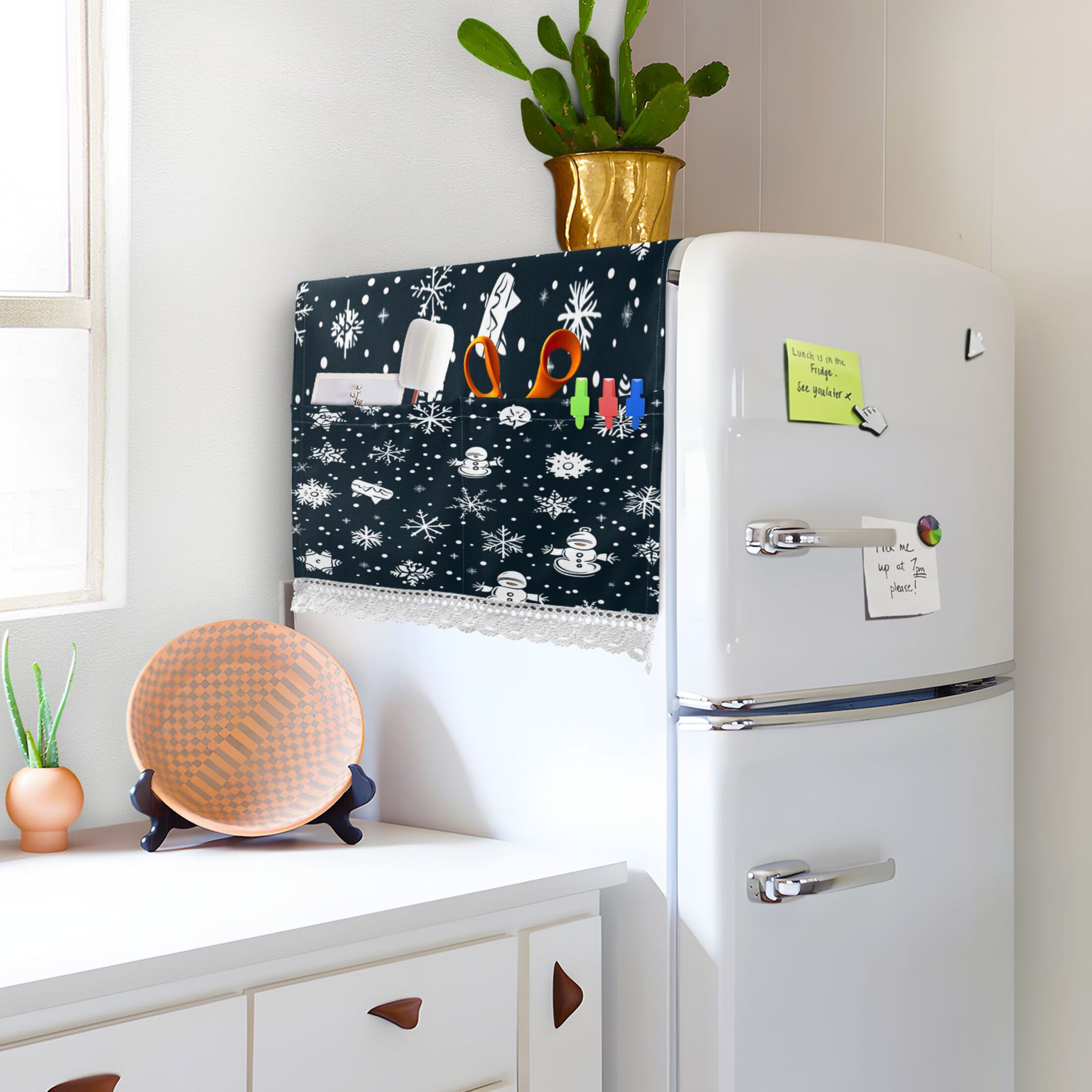 Snowflakes PatternWasher and Dryer Covers Dust-Proof and Oil Resistant Fridge Cover with 4 Storage Pockets Washing Machine Top Cover for Laundry Kitchen Home 51.2 x 22 In