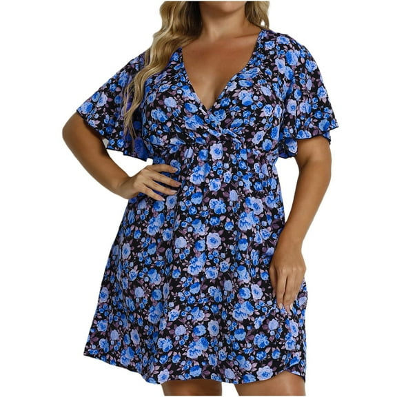 Summer Dress Saving! Dresses for Women Plus Size Short Sleeve V Neck Printed Sleeve Dresses Loose Dress Clear XXL