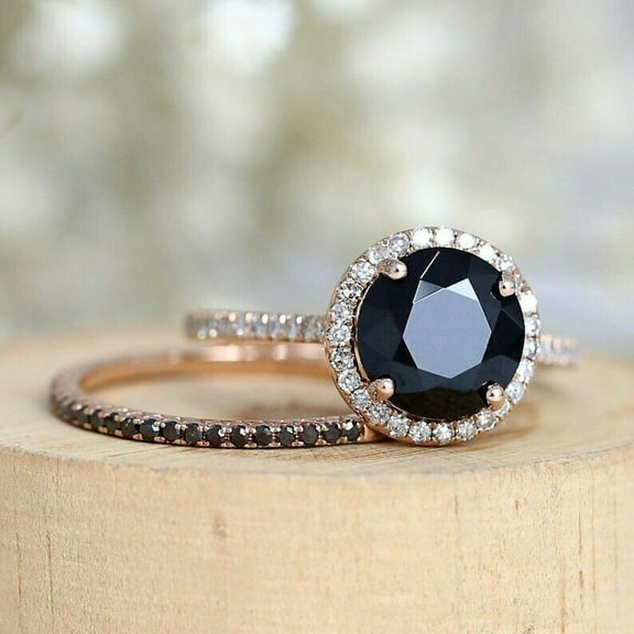 Bluebell Jewels 2Ct Round Cut Black CZ Bridal Ring Set 14K Rose Gold Plated