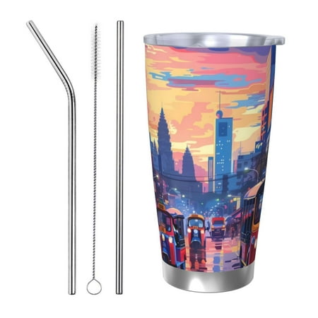 

KLL Taxi Colorful Town Print 40oz Stainless Steel Insulated Car Cup with Spillproof Lid - Keep Your Drink Hot or Cold on the Go-Straw Three-piece Set