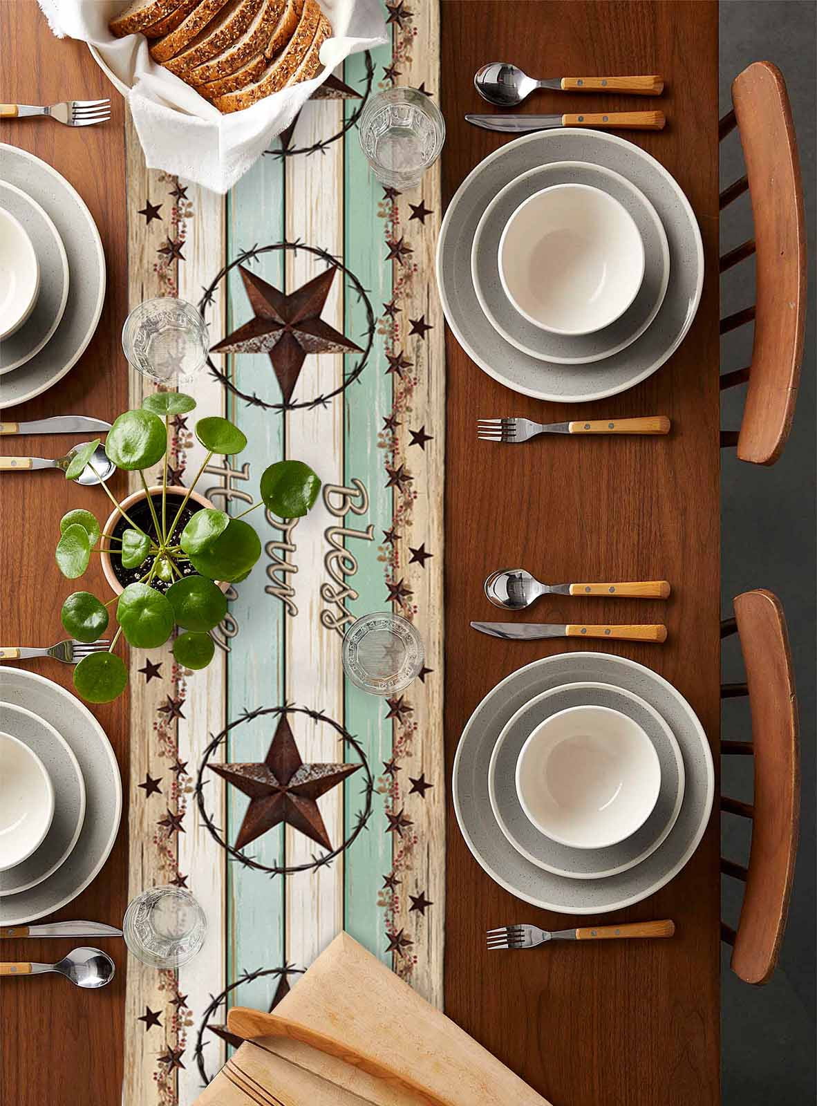 Western Texas Star Green Table Runner 72 Inches, Farmhouse Brown Country Vintage Bed Runner Dresser Scarves Tabletop for Indoor Outdoor Parties/Ceremony/Banquet, 13" x 72"