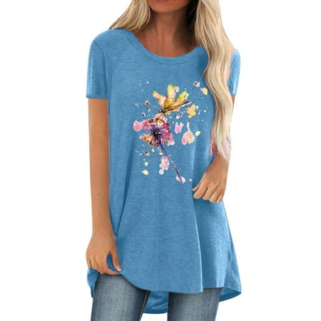 

Shirts for Women Womens Tops Dressy Casual Women Fashion Casual Printing Shirts Short Sleeve Loose Tee Tops Tunic Blouse Off The Shoulder Tops for Women Tube Tops for Women on Sales Blue S
