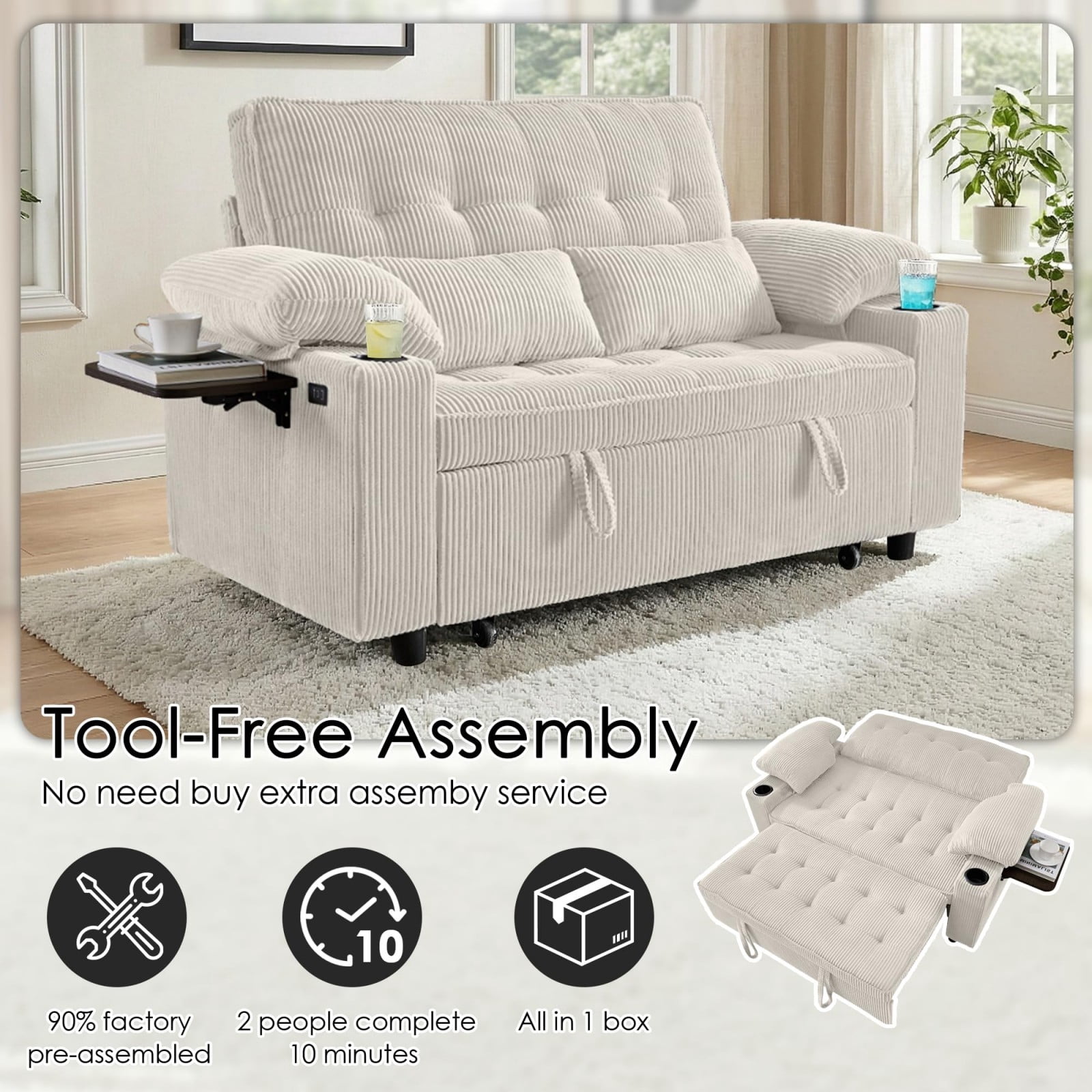 58" Sleeper Sofa Bed, Convertible Pull Out Couch Full Size Loveseat with Corduroy Fabric, USB Charging, Adjustable Backrest for Living Room Apartment Office, Beige