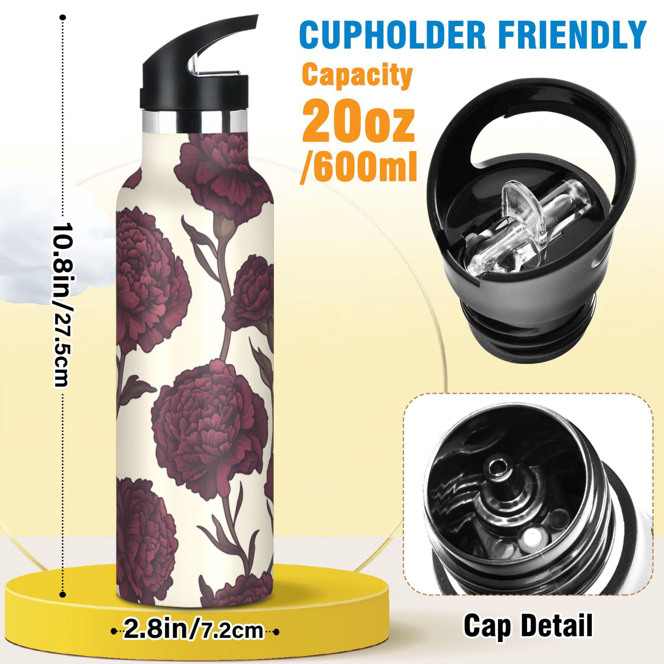 Kids Insulated Stainless Steel Sports Water Bottle 600ml (20oz) Red Carnations Pattern