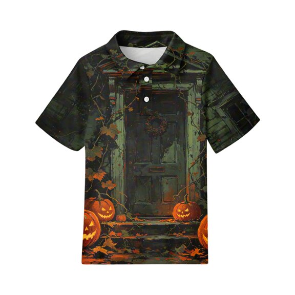 Grblisyd Girls Short Sleeve Polo Shirt Kids Casual Collar School Uniform Shirts Halloween Pumpkin Ghost Print Tops 2-13 Years