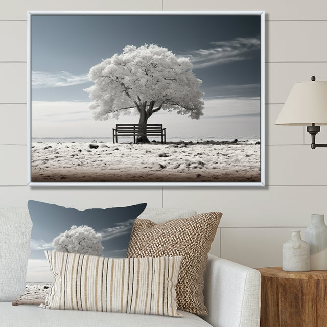 Designart Large Tree White Framed Wall Art, Grey White Tree Contemplation , Trees framed wall art decor, Grey Traditional White Framed Wall Art, 40x30 inches White Color Frame