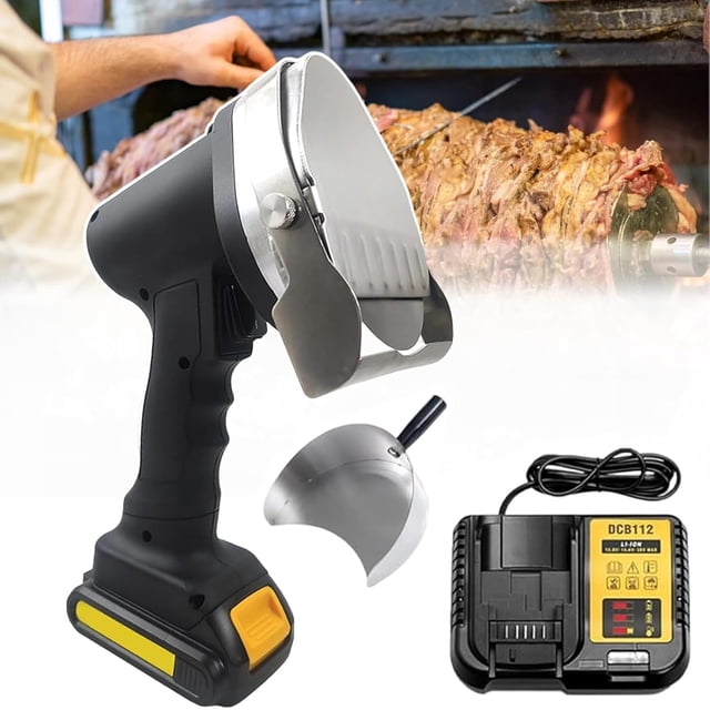 Couteau Électrique Commercial pour Kebab, Couteau Turc Professionnel Sans Fil pour Shawarma, avec Pelle à Viande pour Rôtissoire et 2 Lames, Épaisseur Réglable 0-8 mm - Idéal pour Restaurant Barbecue (1 Pcs)