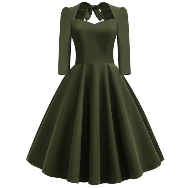 Bigersell Robe Midi pour Femmes Manches Courtes Col en V Couleur Unie Rétro Taille Haute Robe de Demoiselle d'Honneur Robes Boho pour Femmes, Style 25539, Vert Armée L
