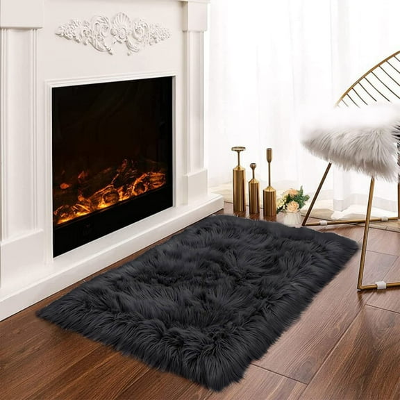 Latepis Faux Fur Rug 2x3 ft Faux Sheepskin Rug for Living Room Fluffy Washable Rug for Bedroom Nursery Room Black Rug Solid Rectangle