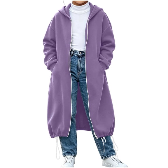 Chiccall Kids Long Length Full Zip Hooded Zip Jacket Drawstring Hem Pockets Oversized Soft Daily School Shopping Walking Travel Holiday Street Casual Outer Hooded Zip Jacket for Boys