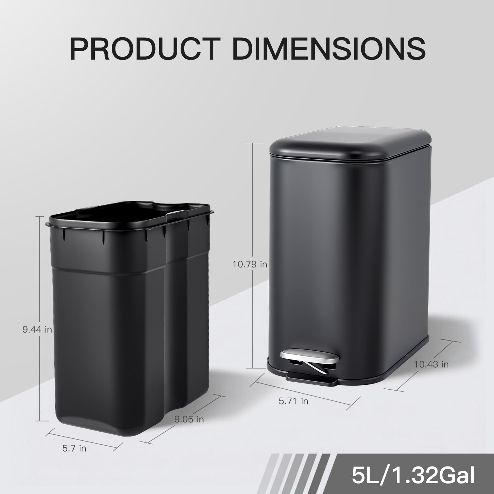 GARVEE 1.3 Gallon Bathroom Stainless Steel Garbage Can, Soft Close Lid, Black