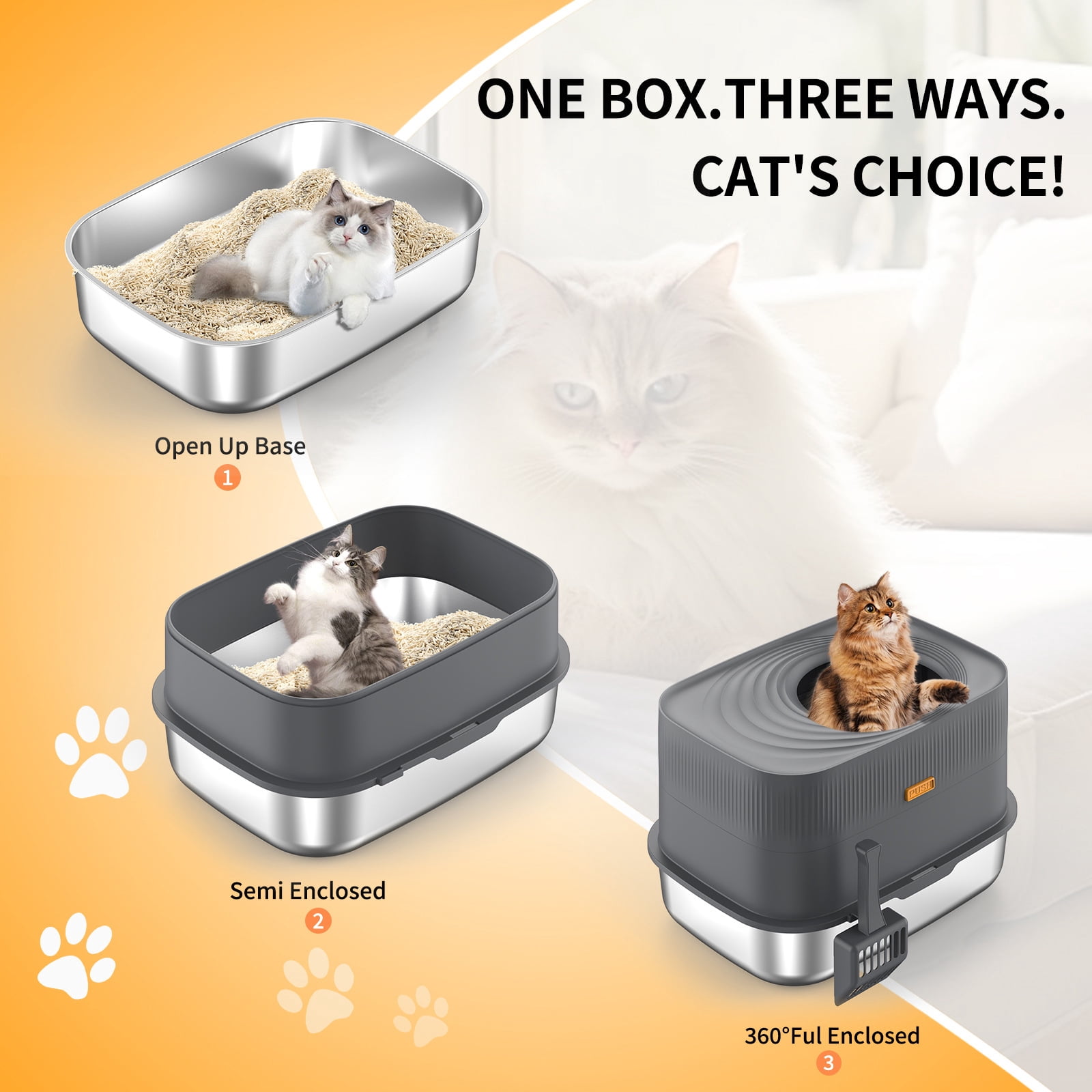 Btidfty Top-entry Stainless Steel Cat Litter Box W/lid&scoop Enclosed Bedpan (Dark Gray)
