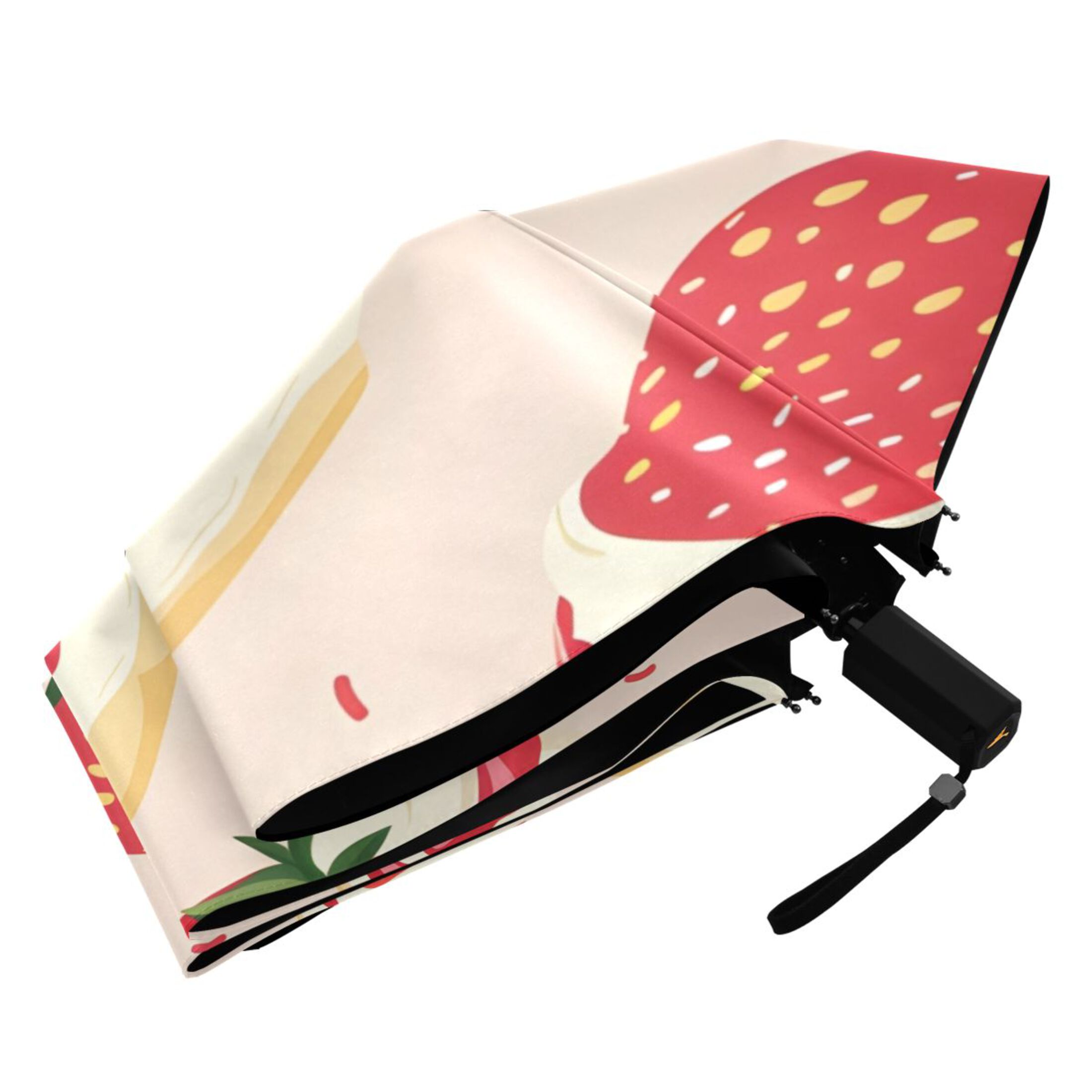 Cute Strawberry Cakes Cartoon All Weather Umbrella Triple Folding Parasol 6 Ribs UV Protection Portable