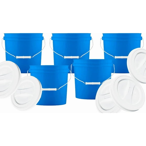 2 Gallon Blue Made in USA Food Grade BPA Free Bucket Pail with White Screw On Lid- Pack of 5