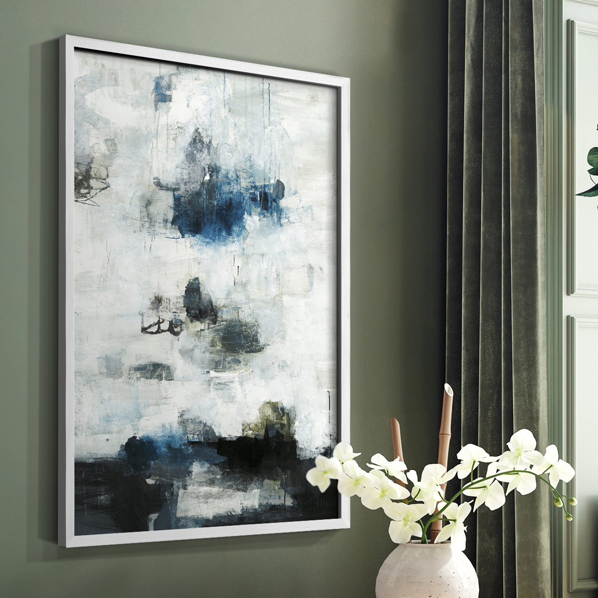 Black & Blue Framed Print in White Solid Wood Framed Print No Nail Hanging