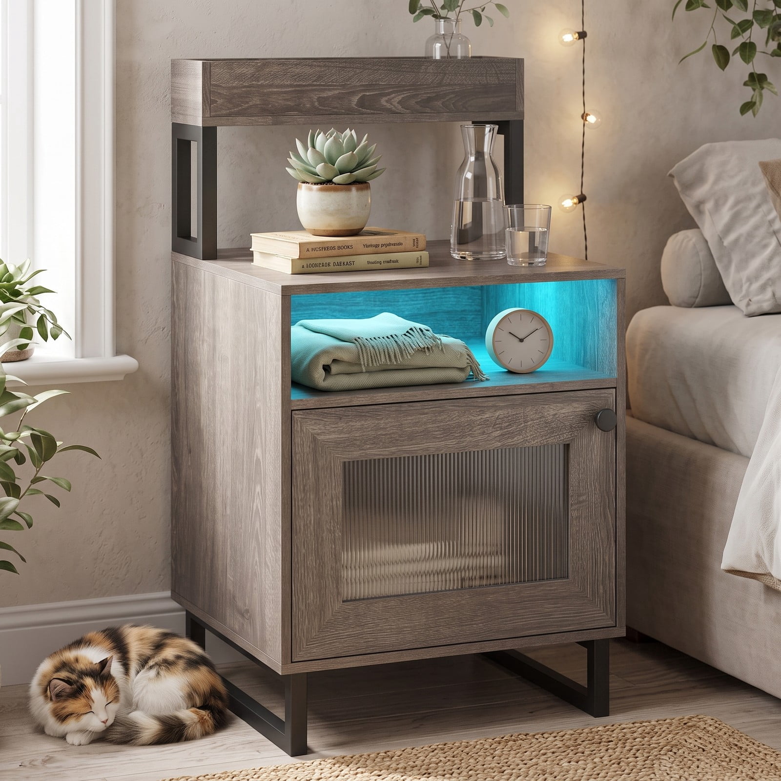 Furnibear Nightstand with LED Lights and Fluted Glass Cabinet Door plus Open Compartment and Raised Display Shelf for Bedroom and Living Room, Gray