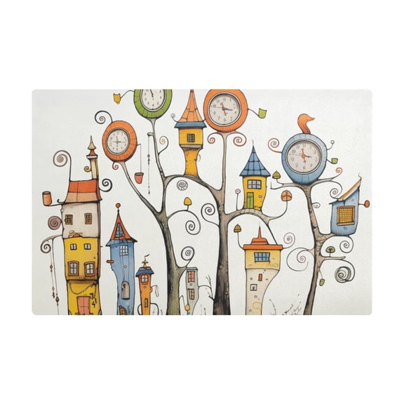 Dish Drying Mat Microfiber Kitchen Dish Pad Counter Absorbent Drainer Rack 12"x18" House and Tree with Clock