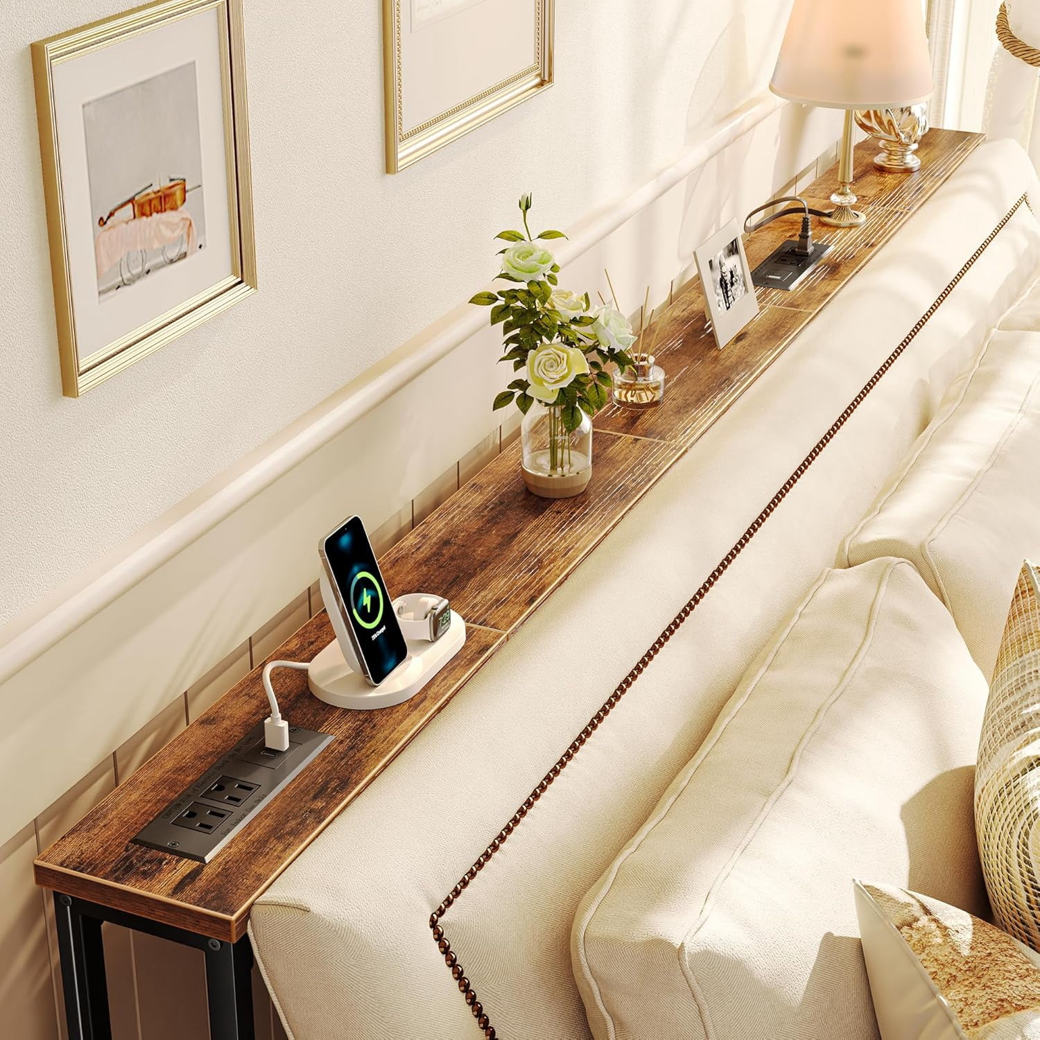 79 Inch Sofa Table with 2 Power Outlets and USB-C Ports, 5.9 Inch Narrow Console Table with Storage, Long Entryway Hallway Couch Table Behind Sofa, Small Spaces, Living Room, Rusitc Brown