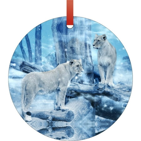 Whimsical Christmas Decorations Lioness Lions in the Whimsical Wintry Snow Double Sided Round Shaped Flat Aluminum Glossy Christmas Ornament Tree Decoration ()