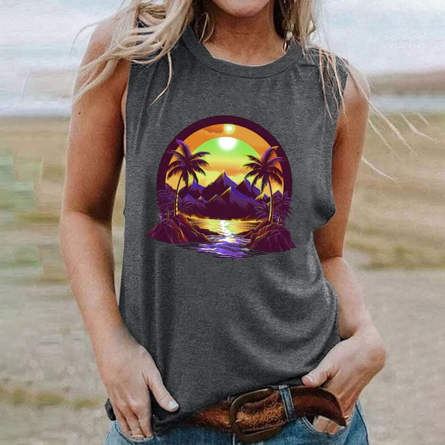 EQWLJWE Débardeurs Hawaïens pour Femmes, Chemise Sans Manches Hawaïenne pour Femmes Été Décontracté 2024, Blouse Sans Manches Imprimée Mode Décontractée pour la Plage Col Rond Pull Slim