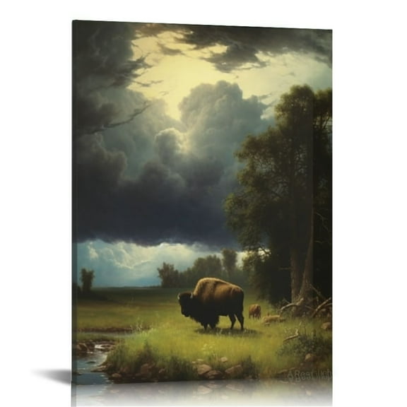 JRXY Albert Bierstadt-Buffalo Trail, The Impending Storm Poster Decorative Painting Canvas Wall Art Living Room Posters Bedroom Painting Framed 12x16 in