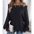 thumbnail image 6 of Women'S Solid Color Openwork Long-Sleeved Sweater, Off-Shoulder Knit Pullover Black L, 6 of 9