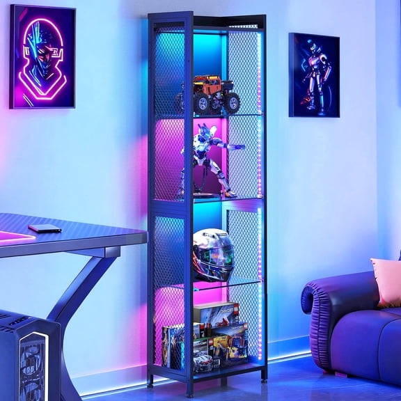 Casacomoda 4-Tier Display Cabinet with LED Lights, Open Glass Shelf Curio Cabinet with Metal Mesh, Corner Display Case for Collectibles, Gaming Room, Living Room