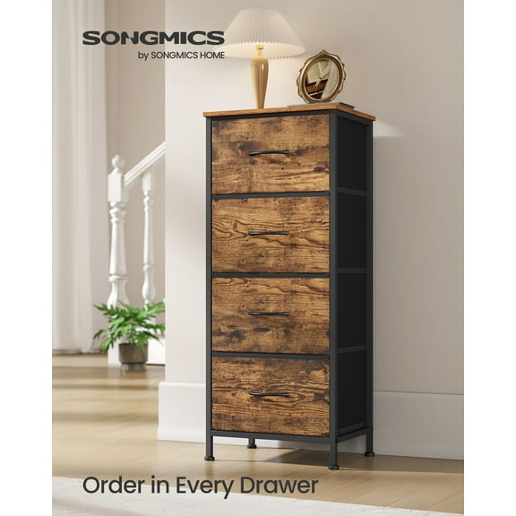 4-Drawer Fabric Dresser with Steel Frame, 66 lb Top Load Chest of Drawers, Multi-Use Storage Organizer, Rustic Brown and Ink Black