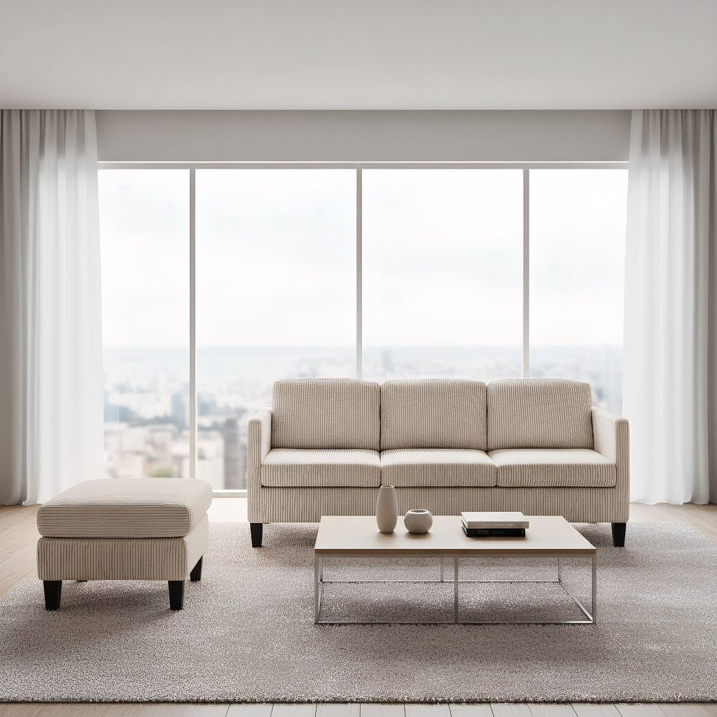 L-Shaped Sectional Couch 67 inch Corduroy 3-Seater Sofa with Reversible Chaise for Small Space Apartment Dorm Living Room Modern Off White