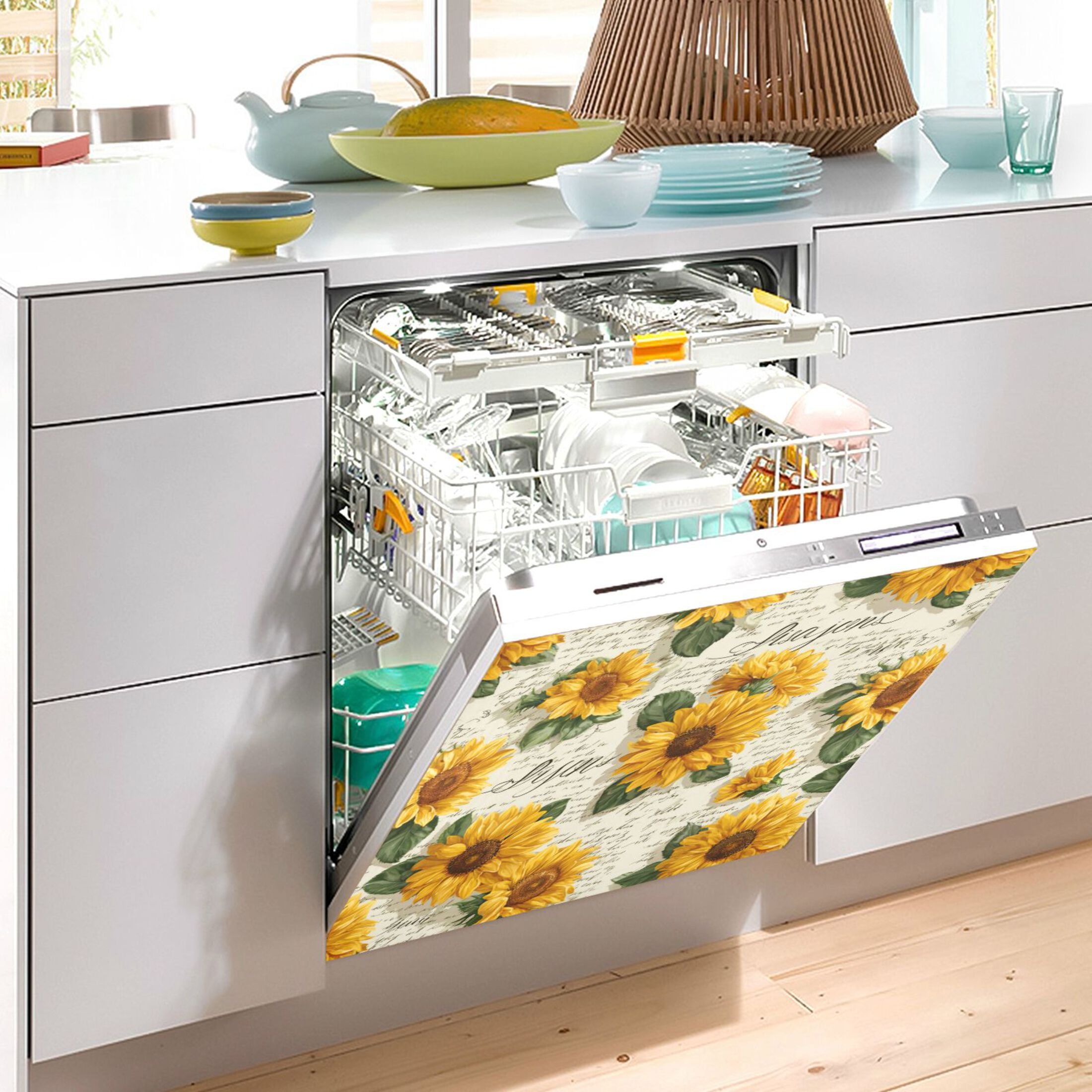 Dishwasher Magnetic Refrigerator Magnet Cover Sticker Home Decorative 23"x26" Vintage Paper with Sunflowers