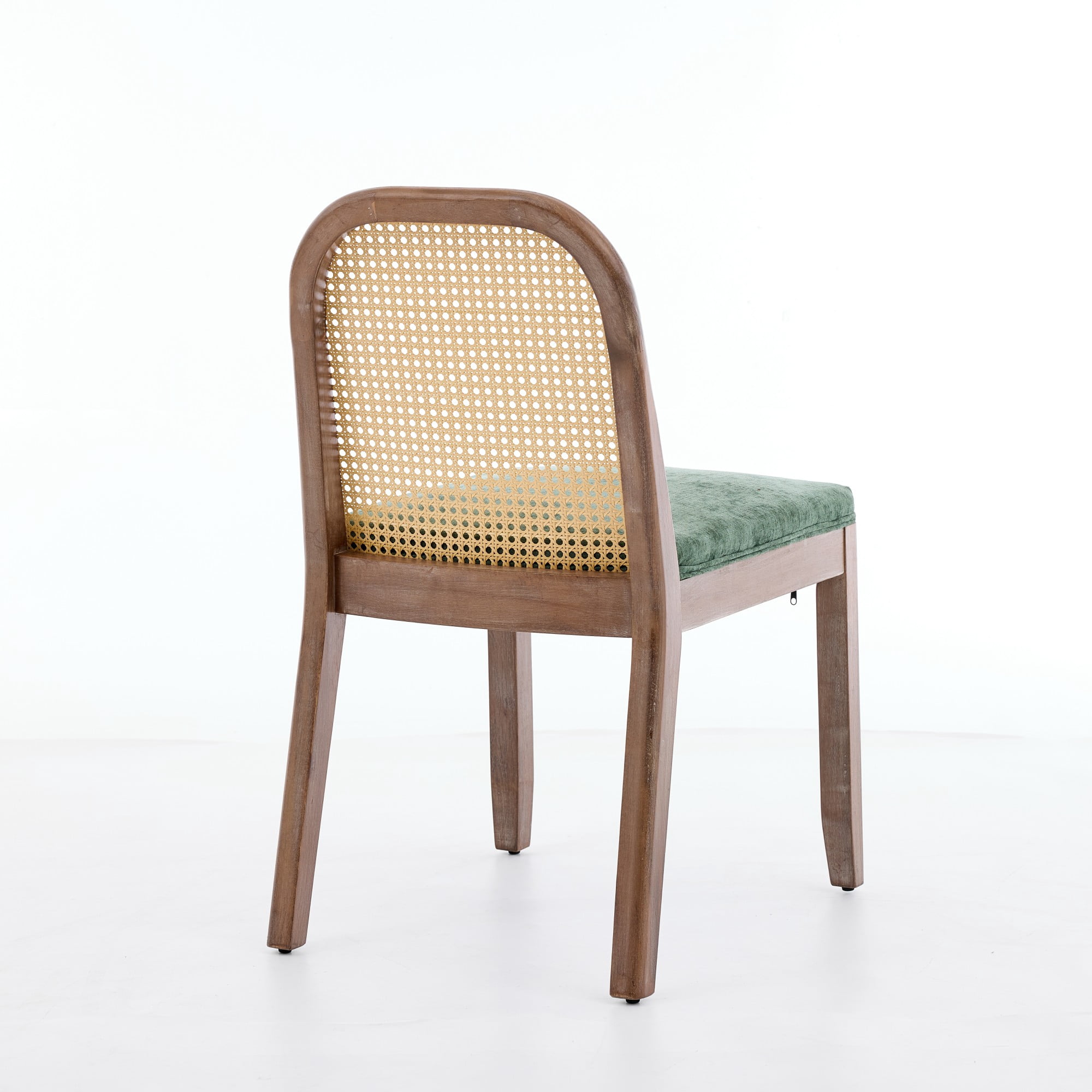 Set of 2 Curved Arched Cane Back Dining Chairs with Chenille Cushion, Mid-Century Farmhouse Side Chairs with Solid Wood Frame, Olive Green