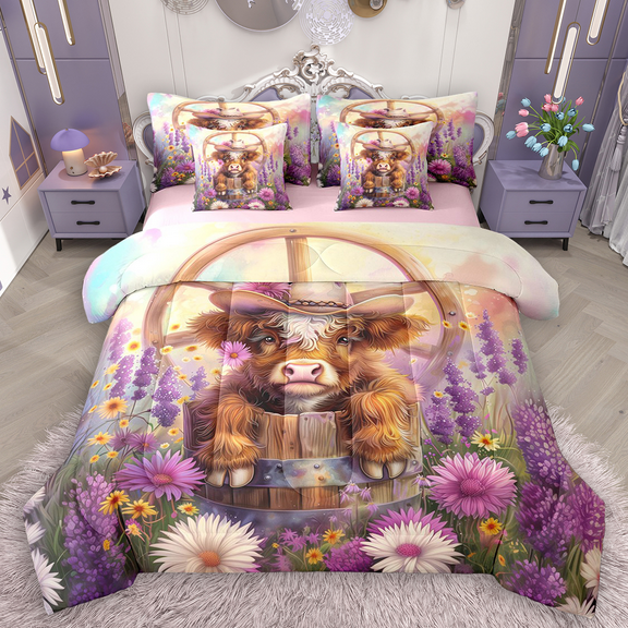 Manfei Highland Cow Twin Bedding Sets 7pcs for Kids, Colorful Daisy Floral Bedding Comforter Set, Rustic Farmhouse Sheet Sets, Breathable Home Decor