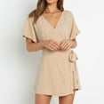 thumbnail image 6 of Summer Saving Wycnly Jumpsuits for Women Dressy Casual Solid Tie Waist Tshirt Short Jumpsuist Overalls Summer V-Neck Short Sleeve Plain Mini Trendy Rompers Beige s, 6 of 7